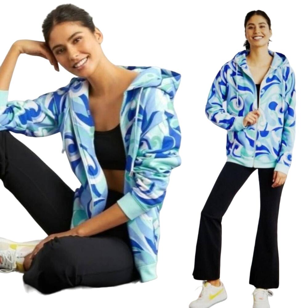 Hill House Allie Zip Up Hoodie Drawstring Ocean Kaleidoscope Blue NEW Womens S